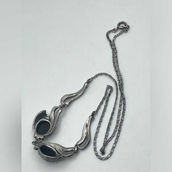 Art Deco Sterling Onyx & Marcasite Ornate Sterling Silver Chain Approx 16” - Picture 5 of 8